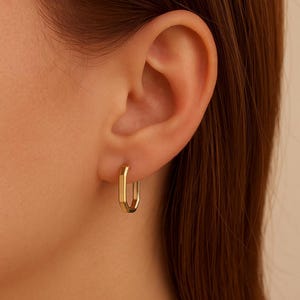 Simple Tiny Rectangular Hoop Earrings, 10K Solid Gold Dainty Earrings, Gold Huggie Hoops Earrings, Minimalist Earrings, Gift for Her
