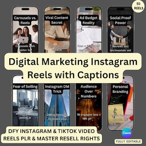 Digital Marketing Instagram Reels Faceless Videos DFY Master Resell Rights Faceless Marketing Reels MRR Instagram Reels PLR Canva Template