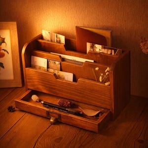 May include: A wooden desk organiser in a warm brown stain, featuring multiple compartments and a drawer. It contains cards, a notebook, and dried flowers. A pen, pinecone, and leaf are in the drawer. The organiser sits on a wooden surface.