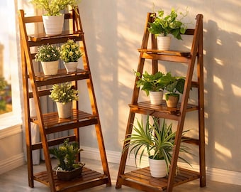 Foldable 3 Tier Wooden Ladder Shelf, Plant Display Bookcase Rack