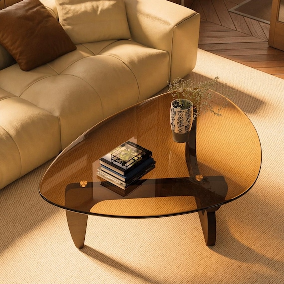 Mid Century Modern Triangle Coffee Table | Glass Top Walnut Base, Noguchi Style Coffee Table, Minimalist Living Room Center Table