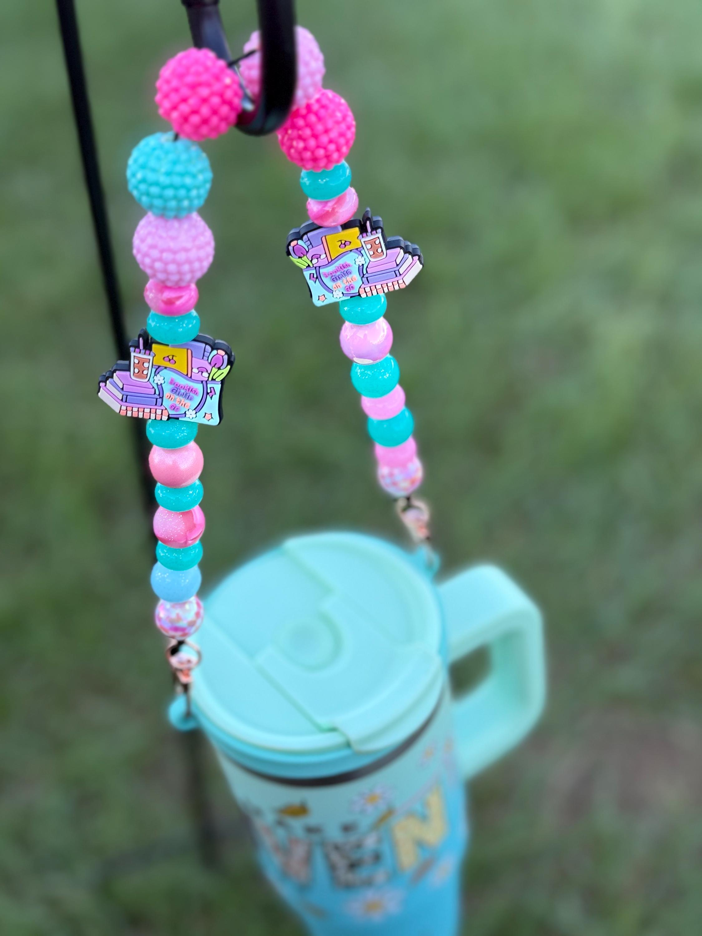 Tumbler Strap, Cup Chain - Beaded with focal charm & Beads! On the go fun cup accessories!  Focal- Bookish Girly On The Go