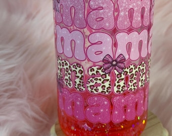 Tumbler Cup Lava Globe, Pink with Glitter Sparkles, Plastic acrylic and Lid & Straw, Mama 16oz
