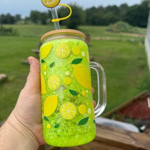 Lemon Glitter Snowglobe Tumbler: 16oz Glass Mason Jar with Straw