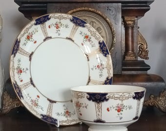 Hermosa y rara corona real antigua pintada a mano de Staffordshire, plato para pastel de porcelana inglesa, azucarero, rosas rojas rosadas C1920, en excelente estado