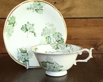 Hermosa y muy rara taza de té y platillo de porcelana inglesa Rockingham China con borde ancho, hojas verdes, flores blancas, borde dorado, década de 1870, buen estado