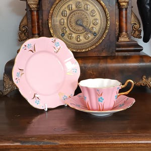 May include: A pink porcelain tea cup and saucer set with a matching side plate. The pieces feature a scalloped edge, gold trim, and a painted pattern of small blue flowers with gold stems. The cup has a gold handle and a fluted, ribbed body.