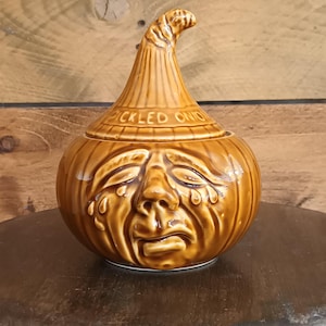 Lovely retro Vintage orange  Lidded Pickled Onion  English ceramic glazed funny face pot  C1970s in super condition