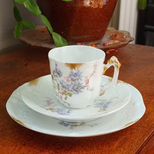 Puede incluir: Un juego de taza y platillo de té de porcelana blanca con un patrón floral en tonos azules, rosas y verdes. La taza tiene un borde dorado y un asa delicada. El platillo tiene un borde festoneado y un borde dorado.