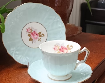 Beautiful Vintage Aynsley English Fine Bone China Trio tea set Teacup saucer teaplate Duck egg blue pink rose C1970s lovely condition