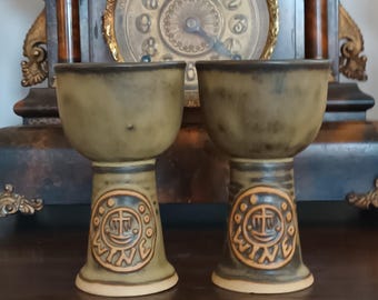 Beautiful pair of 2 vintage Tremar Cornish Stoneware wine Goblets arts and crafts C1960s in lovely condition