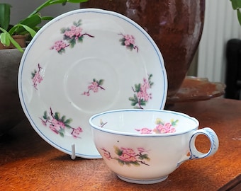 Beautiful rare Antique Victorian unique hand painted English china porcelain Teacup and saucer pink apple blossom C1890 in lovely condition