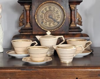 Fabuloso juego de té antiguo Art Déco Paragon de doble garantía, de porcelana fina inglesa, para 2 personas, color albaricoque, crema y dorado, de la década de 1920, en excelente estado.