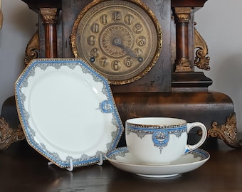 Beautiful rare  Vintage Paragon "Vase" pattern English Fine bone china Wide rim teacup trio tea set Gold blue grey  C1940s  lovely condition