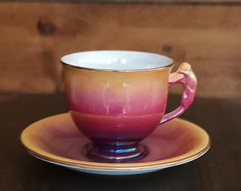 Preciosa y rara taza de té y platillo vintage Royal Winton de porcelana fina inglesa con brillo arcoíris, juego de té Duo Demitasse, década de 1940, en excelentes condiciones