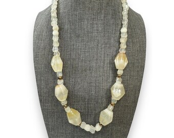 Collar antiguo victoriano Art Nouveau con cuentas de piedra y gancho en forma de J, tono plateado, 50 cm
