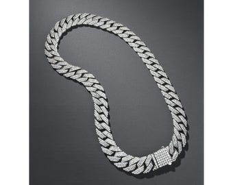 Silver Tone Iced Out Cuban Link Chain Necklace Crystal Pave 15mm 2000s