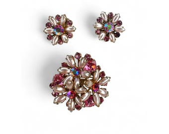 Conjunto de pendientes con broche de flores vintage y perlas de imitación de cristal rosa