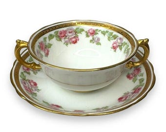 Juego de taza y platillo Adderley Bouillon de Tiffany & Co. con rosas rosas y ribete dorado de Inglaterra