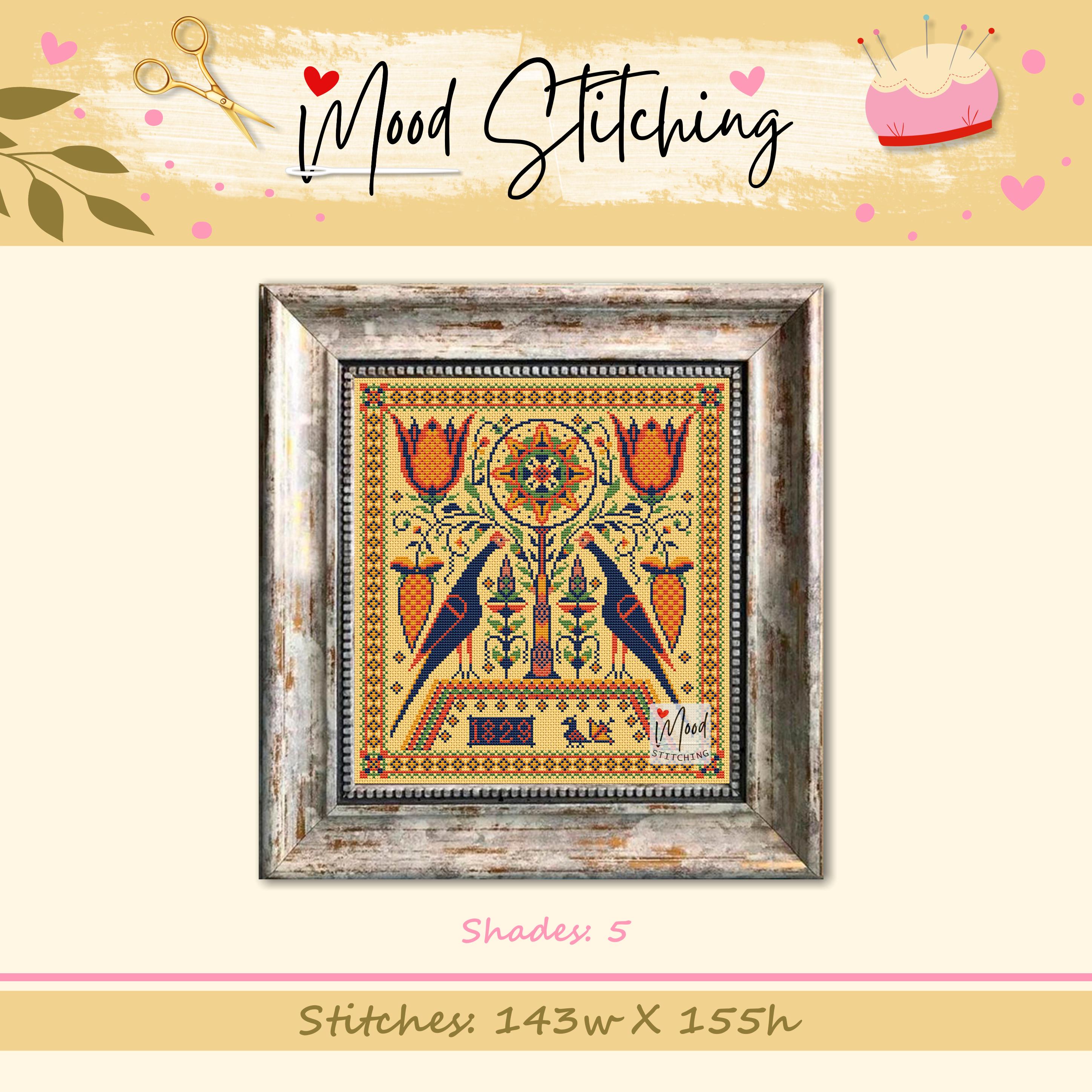 フラクトゥール鳥 1829 クロスステッチパターン：アンティークフォーク