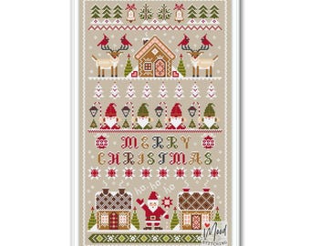 Könnte beinhalten: Ein Kreuzstichmuster mit einer Winterszene mit Lebkuchenhäusern, Rentieren, Zwergen und dem Weihnachtsmann. Der Text "Merry Christmas" ist in roten und grünen Buchstaben gestickt. Das Muster ist in einem weißen Rahmen gerahmt.
