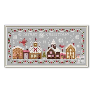 Puede incluir: Patrón de punto de cruz con una escena de un pueblo de invierno con casas de jengibre, muñecos de nieve y un cardenal rojo. El patrón incluye el texto "Merry Christmas".