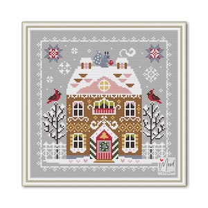 May include: A cross-stitch pattern featuring a gingerbread house with a pink roof, brown walls, and a red door. The house is surrounded by snow and two red cardinals. The pattern is framed in a gold frame and includes the text "Mood Stitching".