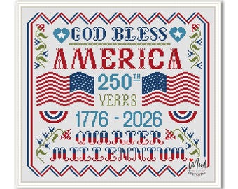 God Bless America Patriotic Cross Stitch Pattern: Independence Day 250 Years Sampler (PDF Pattern)