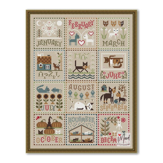 Cat Calendar Cross Stitch Primitive Pattern: Months of the Year Sampler (PDF Pattern)