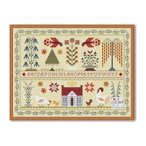 May include: Cross stitch pattern featuring a charming cottage with a red roof, surrounded by flowers, birds, and a rooster. The pattern also includes a row of letters and a border of green and blue.