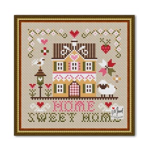 May include: Cross-stitch design of a yellow house with a brown roof, surrounded by floral and heart motifs. The words "HOME SWEET HOME" are stitched below the house. The design is framed in a gold-colored frame.