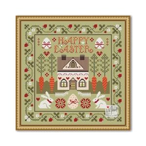 May include: Cross-stitch design with a green background, featuring a house, carrots, bunnies, and the words "Happy Easter." The design includes floral and heart motifs, with a decorative border. The overall theme is Easter.