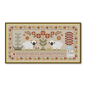 May include: Cross stitch pattern featuring two white sheep with black faces standing in front of a floral arrangement with red, orange, and yellow flowers. The pattern includes the alphabet and the words "I Mood Stitching".