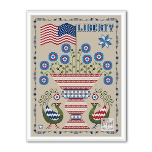 Patriotic Cross stitch primitive pattern, Liberty Sampler, Independence Day pdf, July 4th Pattern pdf