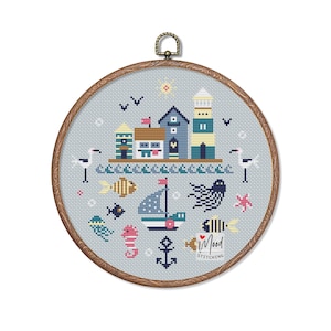 The Sea #2 Marine Cross Stitch Pattern: Lighthouse, Sailboat, Octopus Sampler (PDF Pattern)
