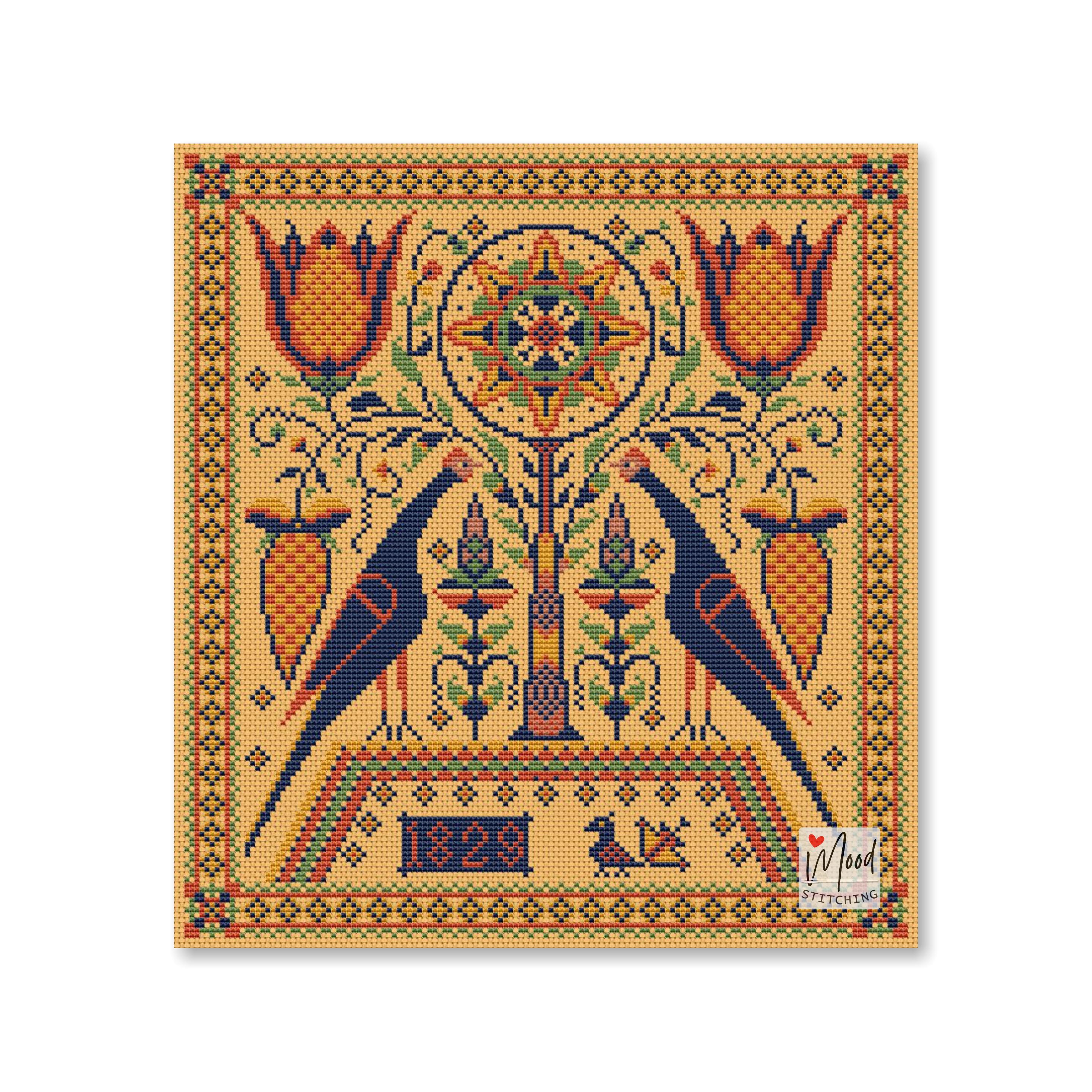 フラクトゥール鳥 1829 クロスステッチパターン：アンティークフォーク