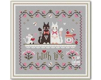 Cats With Love Cross Stitch Pattern: Primitive Sampler (PDF Pattern)