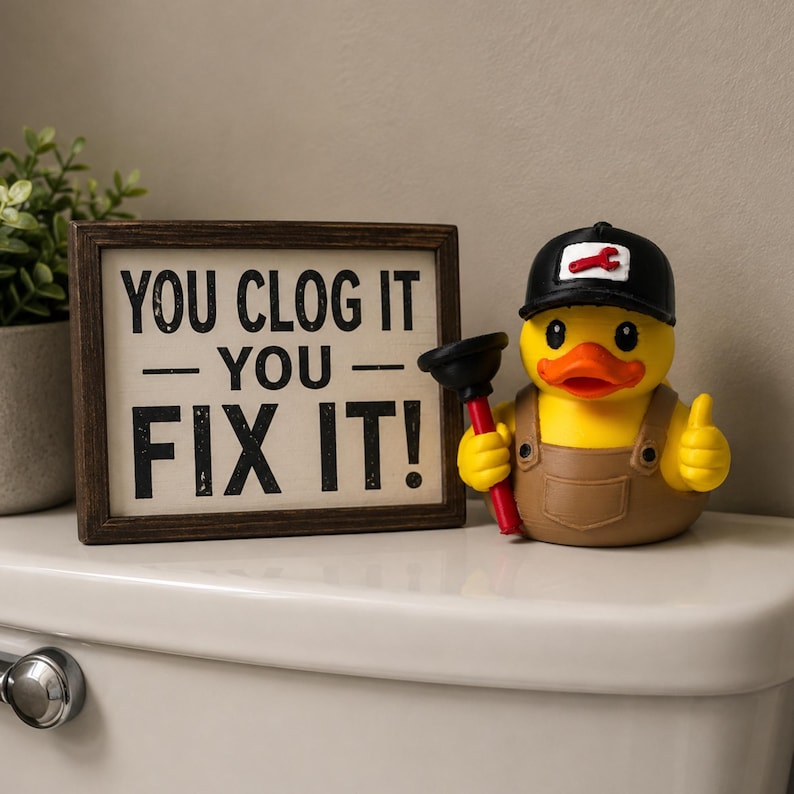 Novelty Gift Plumber Duck Dashboard Accessory Desk Buddy Contractor Gift Handyman Present Appreciation Gift Electrician Tradesman Thank You Office Decoration Brown Overalls Black Cap Plunger Design Birthday Surprise Workspace Companion
