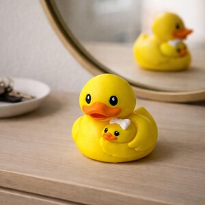 Puede incluir: Un pato de goma amarillo con un patito m&aacute;s peque&ntilde;o anidado a su lado. Los patos tienen ojos negros y picos naranjas. El patito lleva un lazo blanco. La imagen se refleja en un espejo redondo.