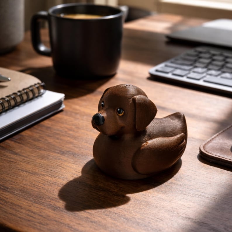 May include: A brown wooden dog-shaped figurine with a black nose and light brown eyes. The dog is sitting on a wooden surface. A black mug with coffee is in the background.