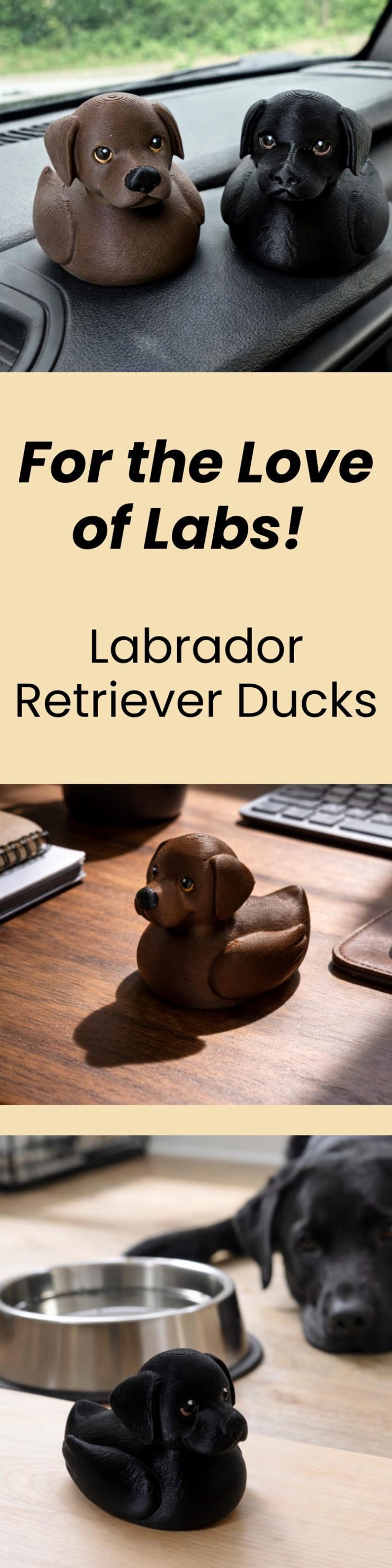 May include: Brown and black Labrador Retriever duck figurines. The brown duck is on a wooden surface, and the black duck is on a light-colored surface. The ducks are shaped like Labrador Retrievers.