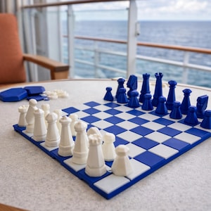 Travel Chess Set Tan Black Checkers Game Board Roll Up Portable Chess Vacation Entertainment Camping Activity Kit Compact Strategy Game Blue and White