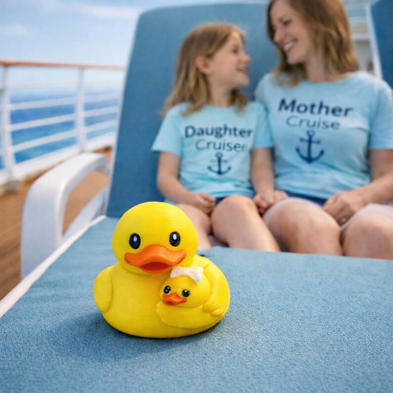 Puede incluir: Un pato de goma amarillo con pico naranja y ojos negros, sosteniendo un patito m&aacute;s peque&ntilde;o. Los patos est&aacute;n sobre un coj&iacute;n azul. En el fondo, una madre y su hija visten camisetas azules a juego con las palabras "Mother Cruise" y "Daughter Cruise".