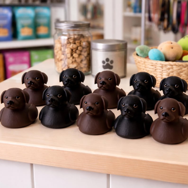 May include: A collection of brown and black puppy-shaped figurines. The figurines are arranged on a light-colored surface. A jar of dog treats and a container with a paw print are in the background. A basket of dog toys is also visible.