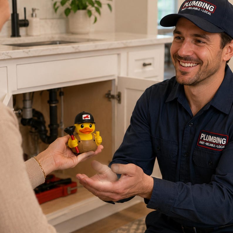 Tradesman Gift Plumber Duck Dashboard Accessory Birthday Surprise Desk Buddy Appreciation Present Electrician Contractor Handyman Thank You Gift Office Decoration Brown Overalls Black Cap Plunger Design Novelty Present Workspace Companion