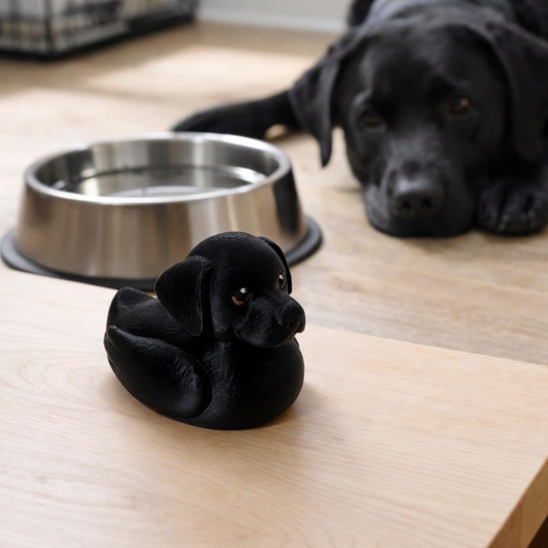 May include: A black Labrador Retriever dog-shaped rubber duck sits on a wooden surface. A stainless steel dog bowl and a black Labrador Retriever dog are in the background.