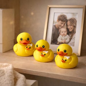 Puede incluir: Tres figuras de patos de goma amarillos, cada uno sosteniendo un patito m&aacute;s peque&ntilde;o. Los patos tienen picos naranjas y ojos negros. Una foto familiar enmarcada est&aacute; en el fondo, agregando un toque de calidez a la escena.