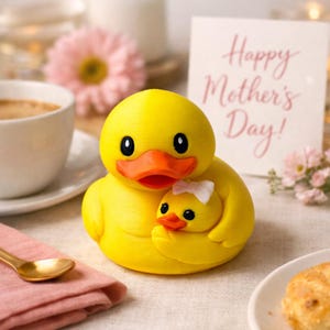 May include: A yellow rubber duck figurine embracing a smaller duckling, both with black eyes and orange beaks. The duckling wears a white bow. A card with "Happy Mother's Day!" is in the background, along with a cup of coffee and a pink flower.