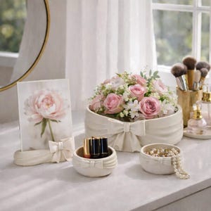 May include: A vanity scene featuring a floral arrangement of pink roses and white flowers in a cream-colored container with a bow. Other items include a framed peony print, small cream-colored bowls, and makeup brushes.