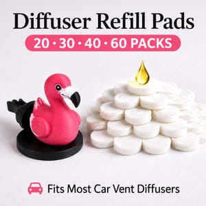 May include: Diffuser Refill Pads 20 30 40 60 Packs. A pink flamingo figure on a black circular base next to a stack of white circular refill pads with a single yellow oil droplet on top. Text reads Fits Most Car Vent Diffusers.